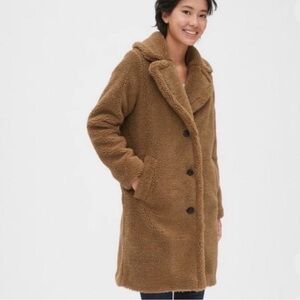 Gap Brown Teddy Sherpa pea Coat long button up size small oversized cozy